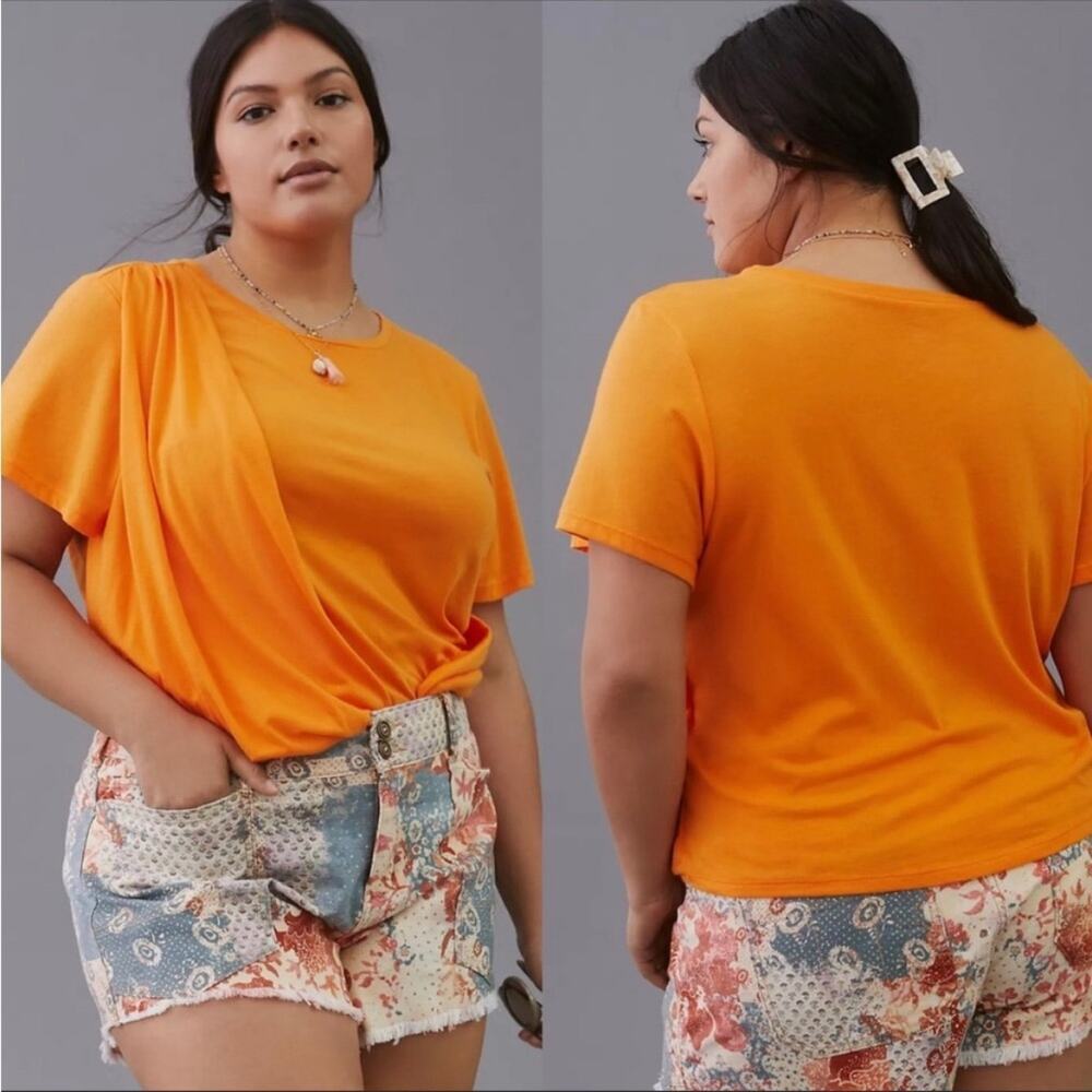 NWT by Anthropologie Short Sleeve Draped Crop Top Orange Small Cotton‎ Modal